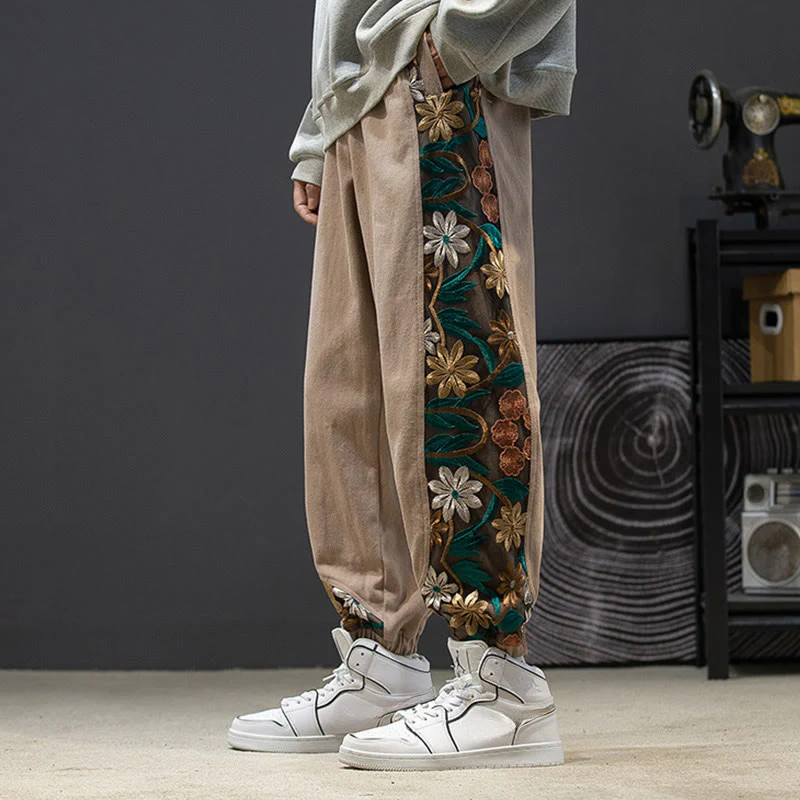 Pantaloni da uomo in cotone patchwork con motivo floreale ricamato Buddha Stones Spring e tasche - Image 15