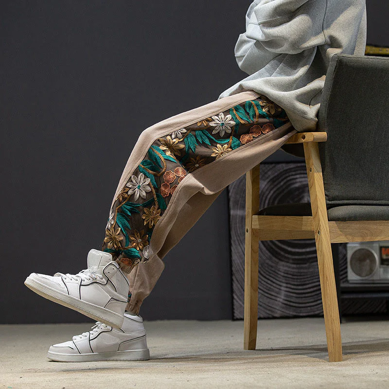 Pantaloni da uomo in cotone patchwork con motivo floreale ricamato Buddha Stones Spring e tasche - Image 19
