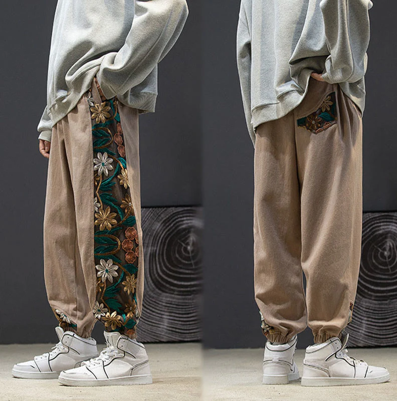 Pantaloni da uomo in cotone patchwork con motivo floreale ricamato Buddha Stones Spring e tasche - Image 20