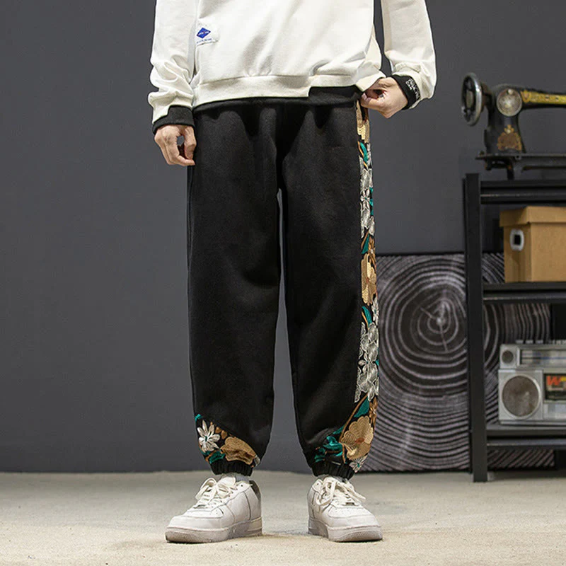 Pantaloni da uomo in cotone patchwork con motivo floreale ricamato Buddha Stones Spring e tasche - Image 4