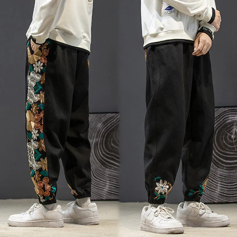 Pantaloni da uomo in cotone patchwork con motivo floreale ricamato Buddha Stones Spring e tasche - Image 5