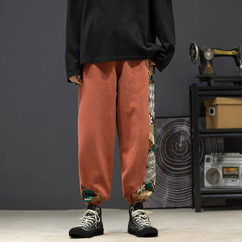 Pantaloni da uomo in cotone patchwork con motivo floreale ricamato Buddha Stones Spring e tasche - Image 7