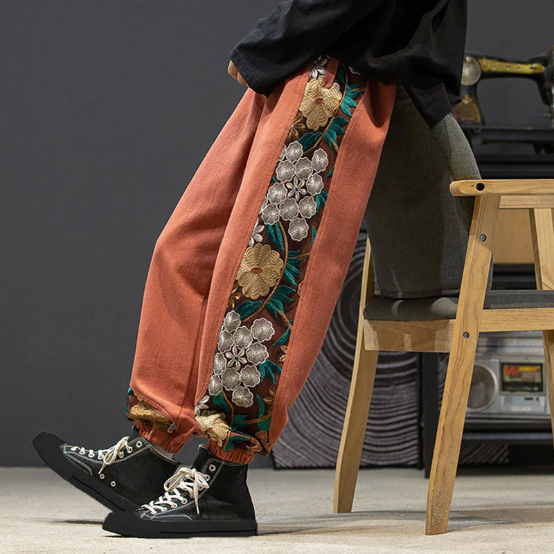 Pantaloni da uomo in cotone patchwork con motivo floreale ricamato Buddha Stones Spring e tasche - Image 8