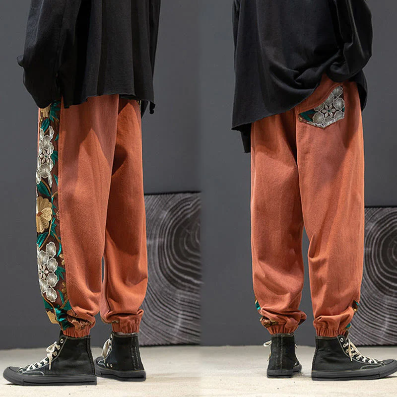 Pantaloni da uomo in cotone patchwork con motivo floreale ricamato Buddha Stones Spring e tasche - Image 9