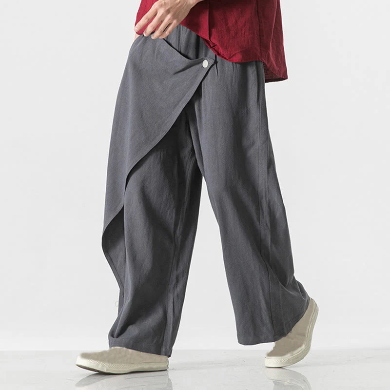 Pantaloni da uomo in cotone tinta unita con tasche e design asimmetrico con Buddha Stones