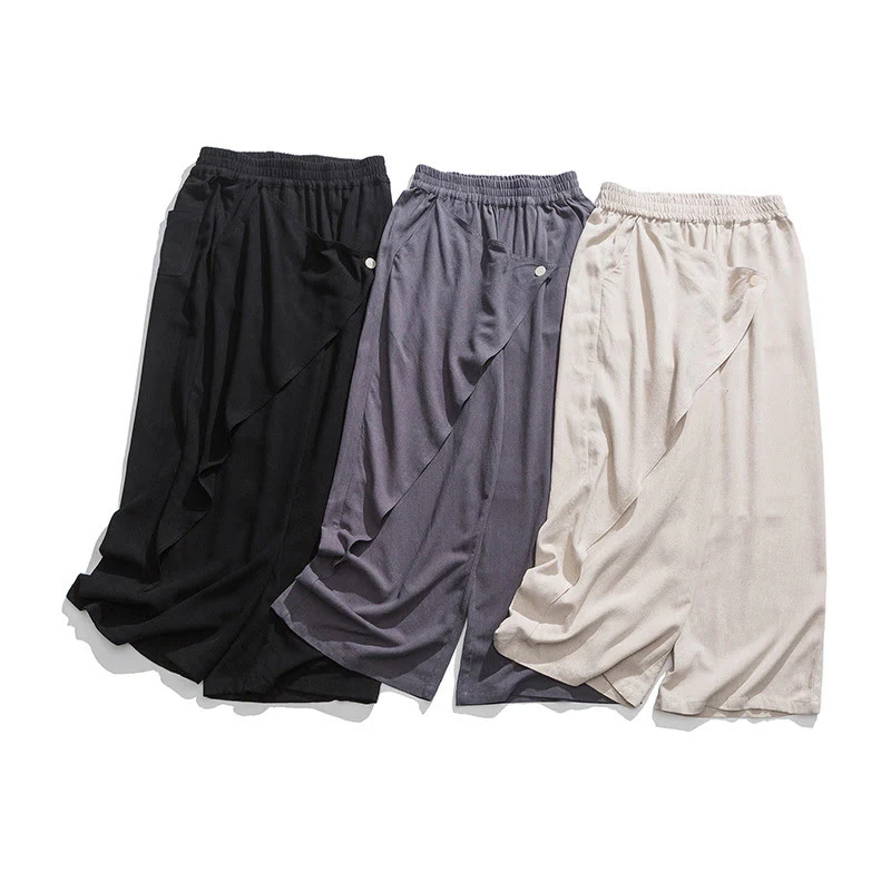Pantaloni da uomo in cotone tinta unita con tasche e design asimmetrico con Buddha Stones - Image 33