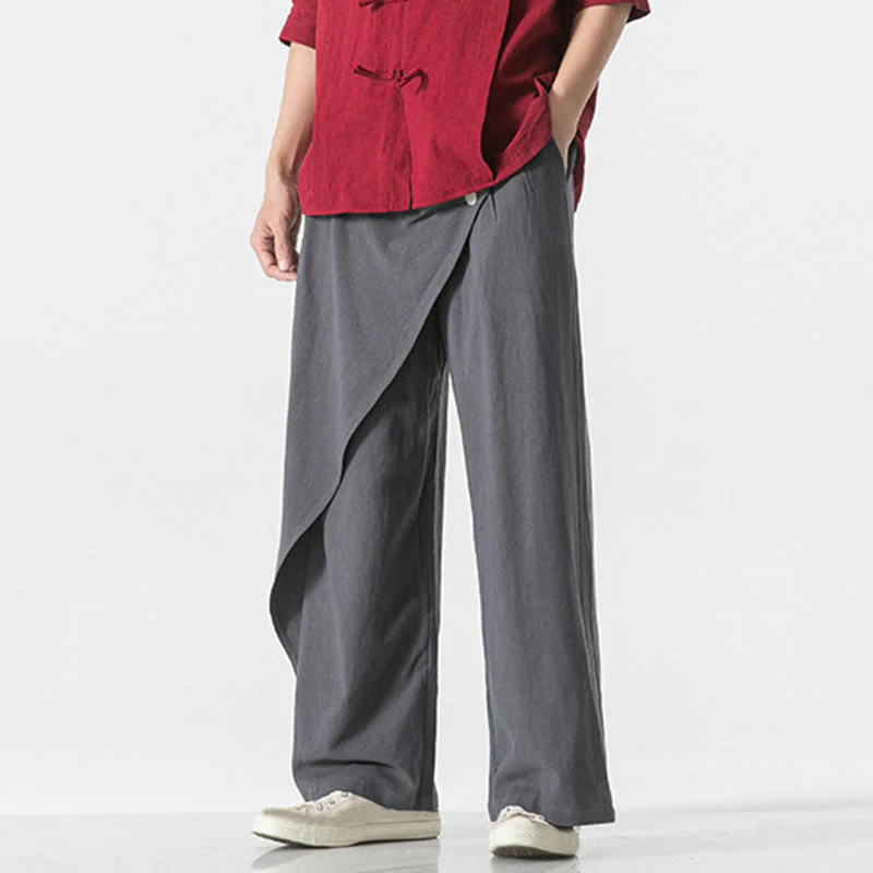 Pantaloni da uomo in cotone tinta unita con tasche e design asimmetrico con Buddha Stones - Image 6