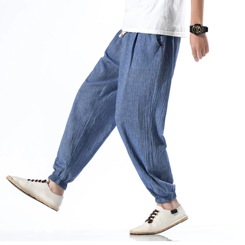 Pantaloni da uomo in lino con coulisse, casual, tinta unita, con tasche , Buddha Stones - Image 19