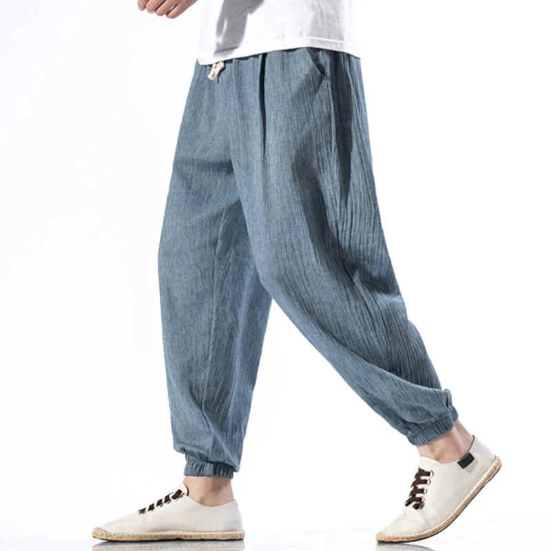 Pantaloni da uomo in lino con coulisse, casual, tinta unita, con tasche , Buddha Stones - Image 2
