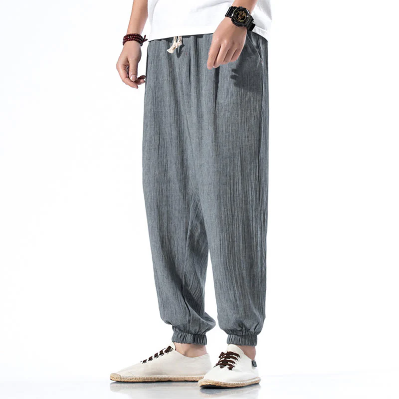 Pantaloni da uomo in lino con coulisse, casual, tinta unita, con tasche , Buddha Stones - Image 23