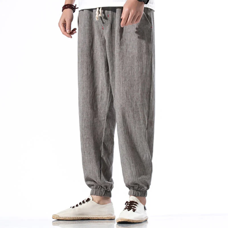 Pantaloni da uomo in lino con coulisse, casual, tinta unita, con tasche , Buddha Stones - Image 29