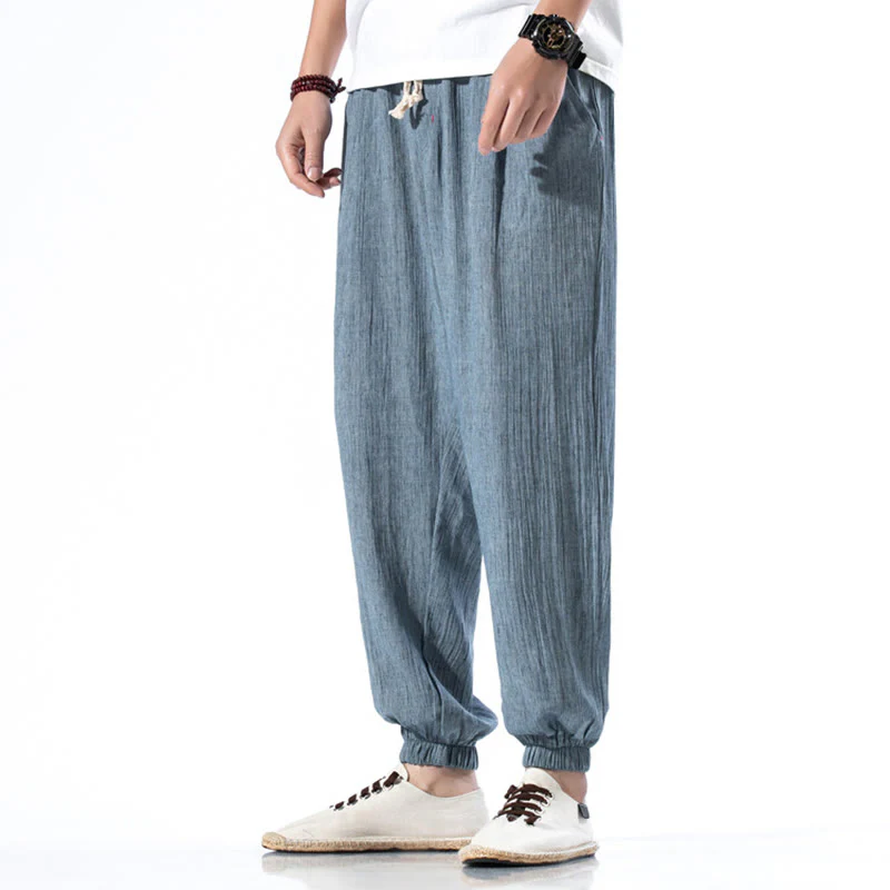 Pantaloni da uomo in lino con coulisse, casual, tinta unita, con tasche , Buddha Stones - Image 3