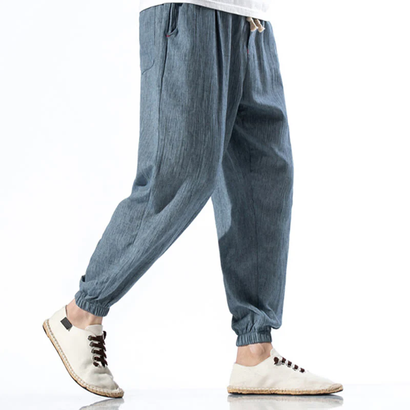 Pantaloni da uomo in lino con coulisse, casual, tinta unita, con tasche , Buddha Stones - Image 4