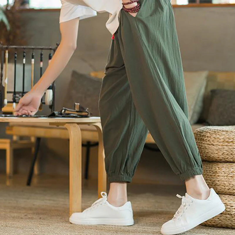 Pantaloni da uomo in lino con coulisse e tasche, tinta unita, rossi , Buddha Stones - Image 10