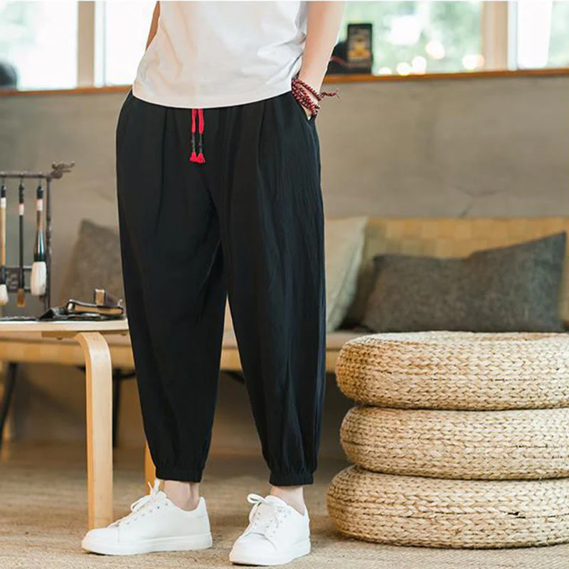 Pantaloni da uomo in lino con coulisse e tasche, tinta unita, rossi , Buddha Stones - Image 14