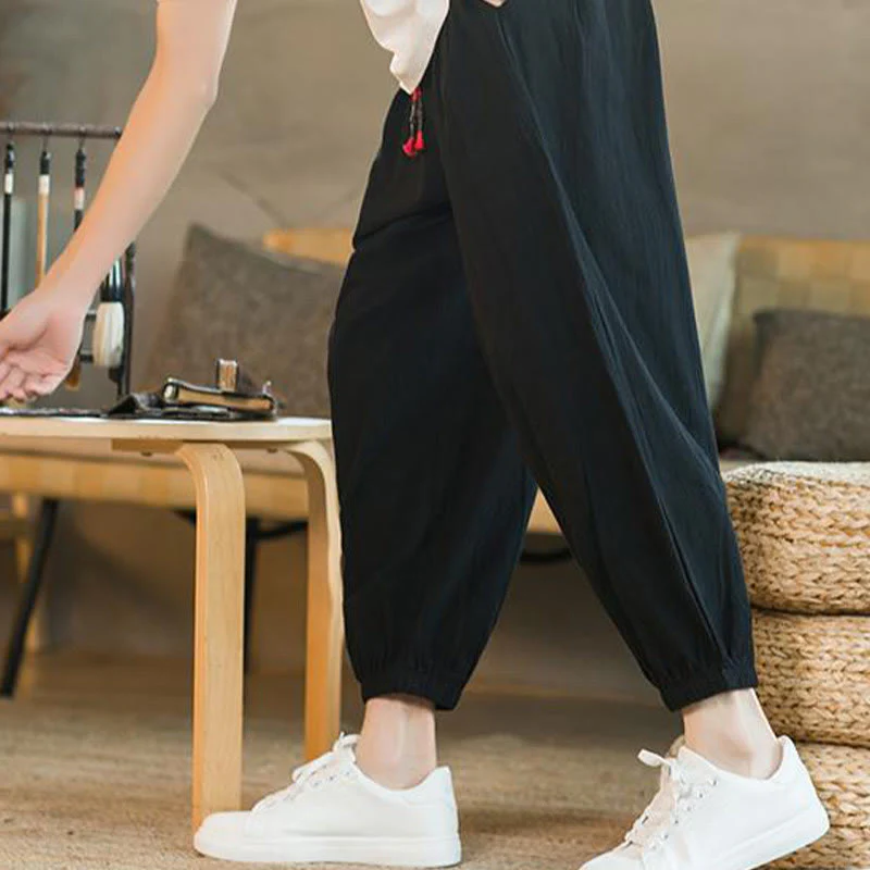 Pantaloni da uomo in lino con coulisse e tasche, tinta unita, rossi , Buddha Stones - Image 17