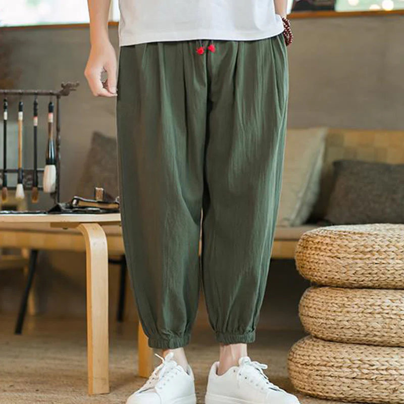 Pantaloni da uomo in lino con coulisse e tasche, tinta unita, rossi , Buddha Stones - Image 2