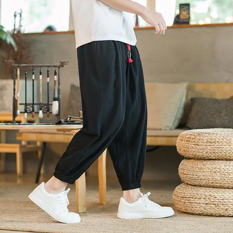 Pantaloni da uomo in lino con coulisse e tasche, tinta unita, rossi , Buddha Stones - Image 20