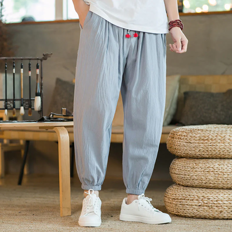 Pantaloni da uomo in lino con coulisse e tasche, tinta unita, rossi , Buddha Stones - Image 25