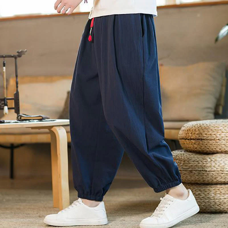 Pantaloni da uomo in lino con coulisse e tasche, tinta unita, rossi , Buddha Stones - Image 35