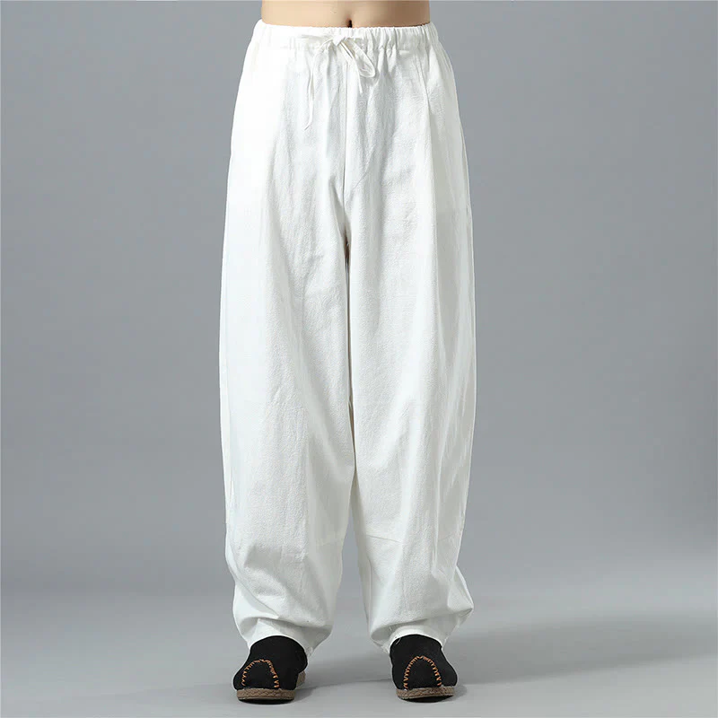 Pantaloni da uomo in lino di cotone con coulisse, casual, tinta unita, con tasche , Buddha Stones - Image 2