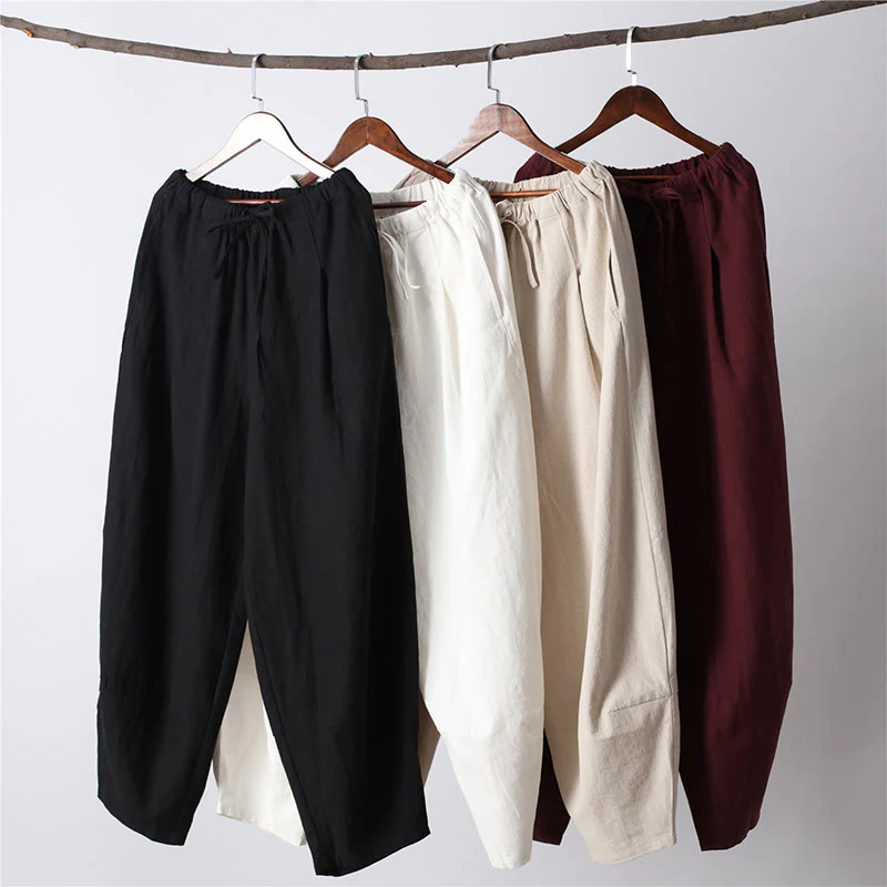 Pantaloni da uomo in lino di cotone con coulisse, casual, tinta unita, con tasche , Buddha Stones - Image 3