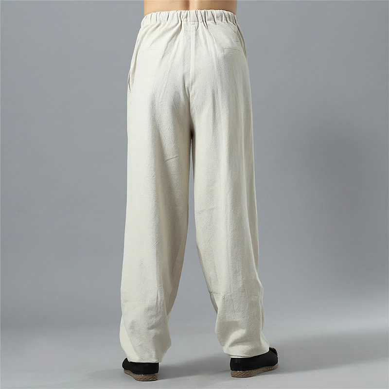 Pantaloni da uomo in lino di cotone con coulisse, casual, tinta unita, con tasche , Buddha Stones - Image 30
