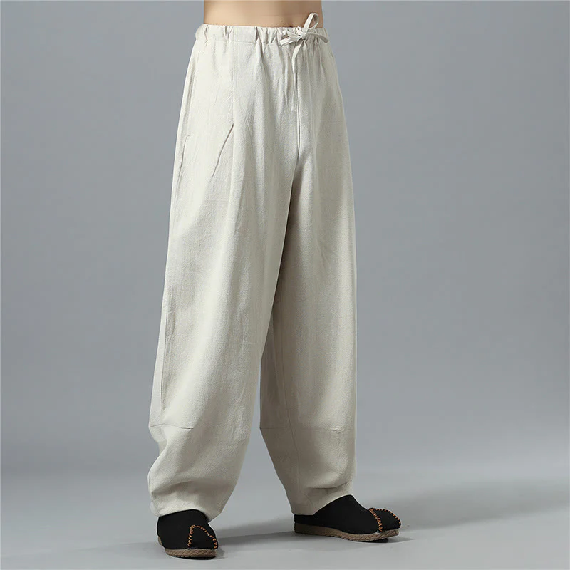 Pantaloni da uomo in lino di cotone con coulisse, casual, tinta unita, con tasche , Buddha Stones - Image 32