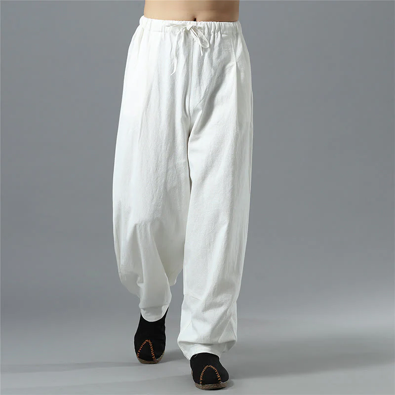 Pantaloni da uomo in lino di cotone con coulisse, casual, tinta unita, con tasche , Buddha Stones - Image 4