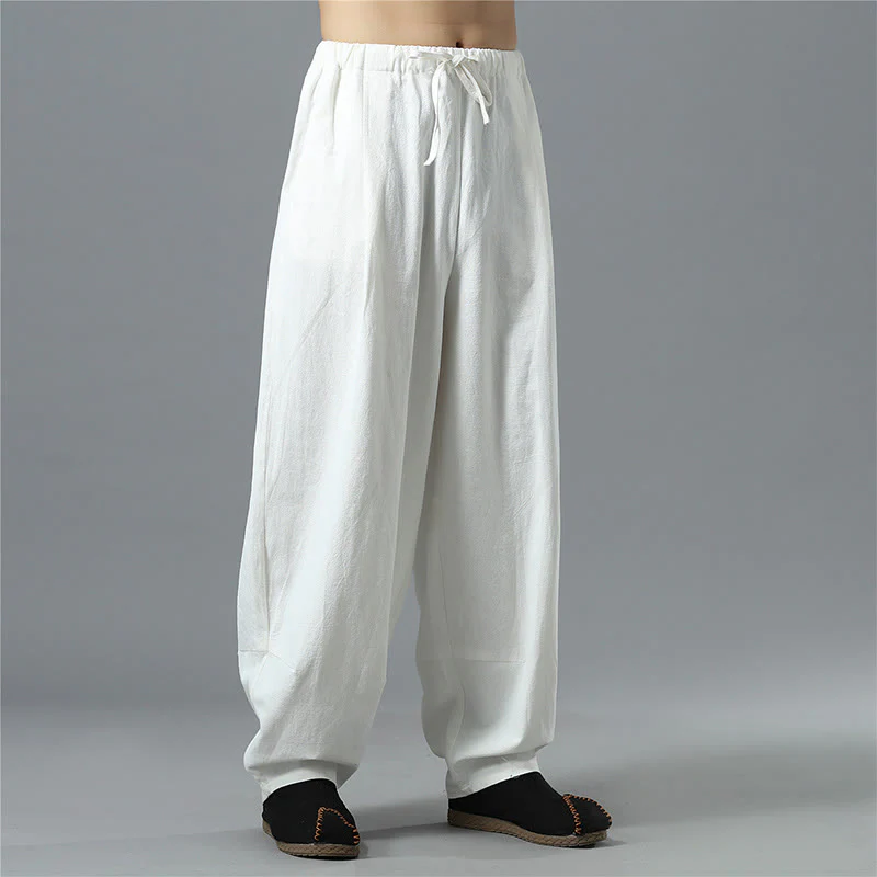 Pantaloni da uomo in lino di cotone con coulisse, casual, tinta unita, con tasche , Buddha Stones - Image 5