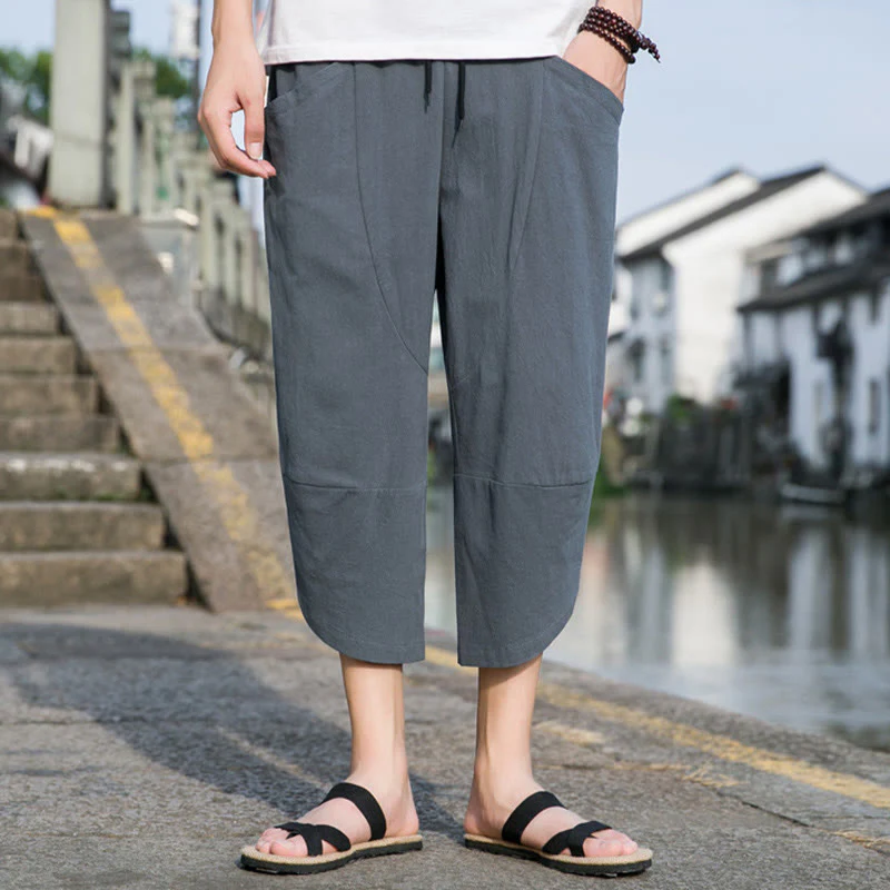 Pantaloni da uomo in lino e cotone, con coulisse, lunghezza 7-8, con tasche, modello Buddha Stones, casual, semplici e semplici, con design affusolato. - Image 2