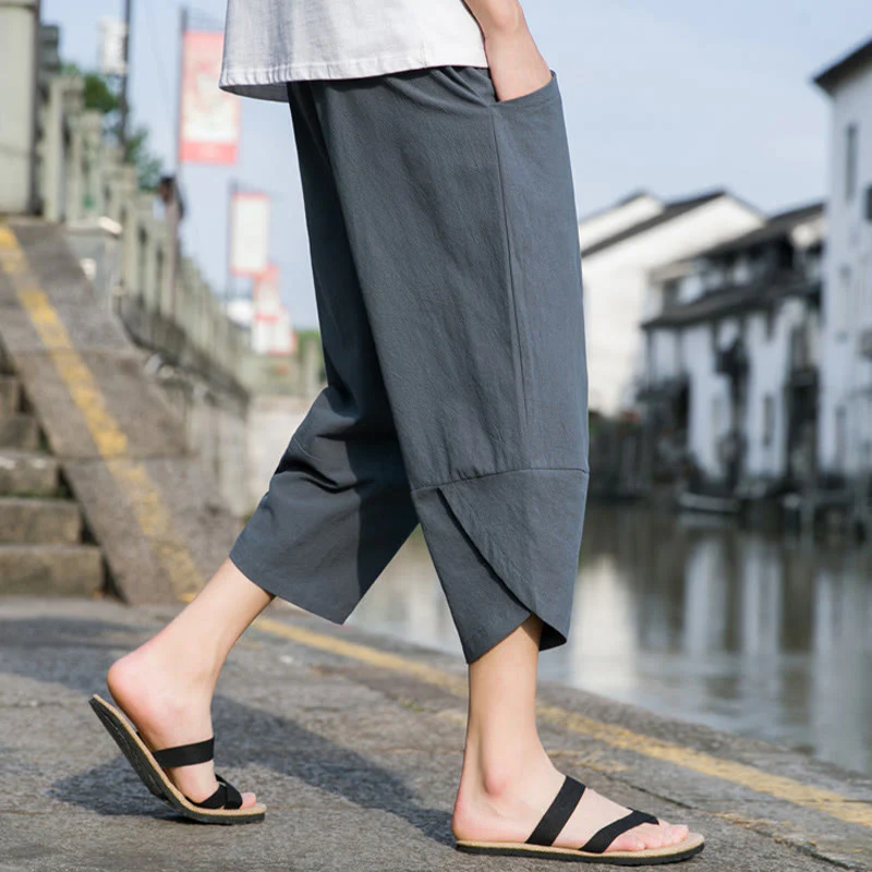 Pantaloni da uomo in lino e cotone, con coulisse, lunghezza 7-8, con tasche, modello Buddha Stones, casual, semplici e semplici, con design affusolato. - Image 3
