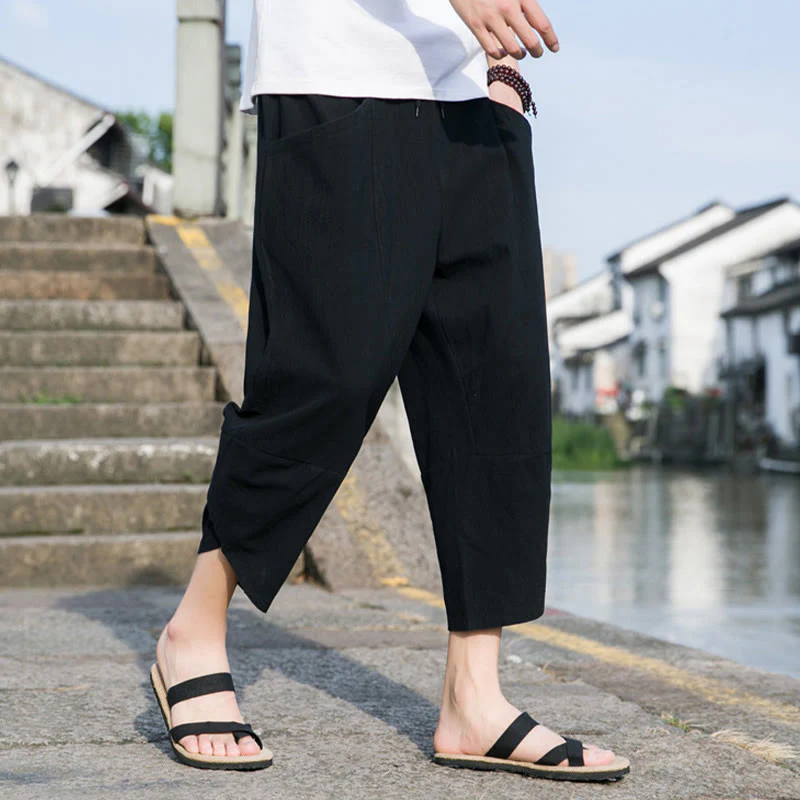Pantaloni da uomo in lino e cotone, con coulisse, lunghezza 7-8, con tasche, modello Buddha Stones, casual, semplici e semplici, con design affusolato. - Image 9