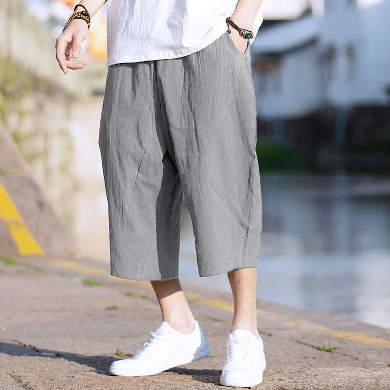 Pantaloni da uomo in lino e cotone con tasche, lunghezza 7-8, modello Buddha Stones, modello estivo con pieghe semplici e coulisse