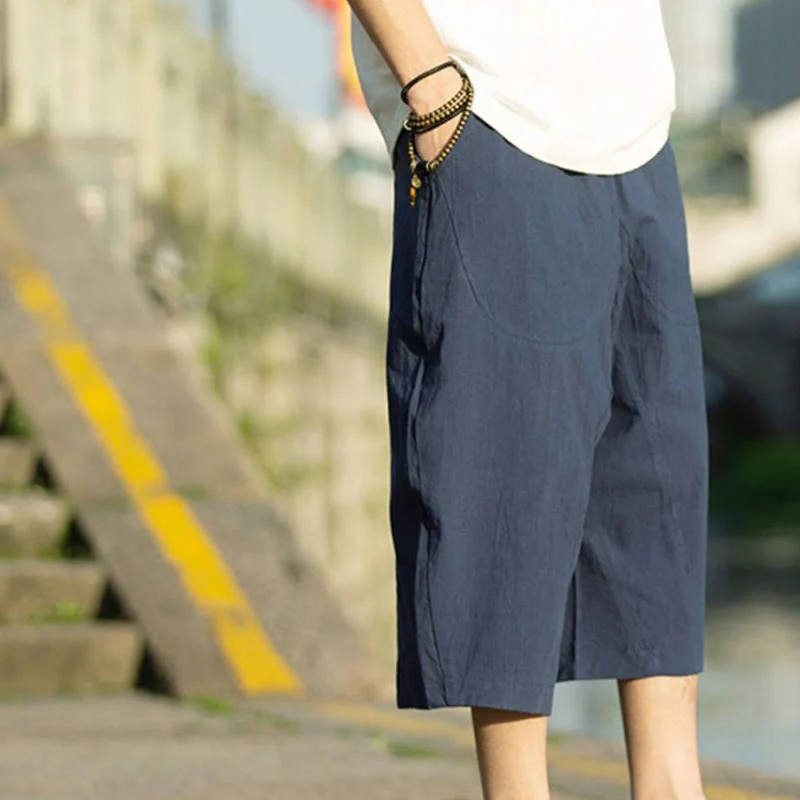 Pantaloni da uomo in lino e cotone con tasche, lunghezza 7-8, modello Buddha Stones, modello estivo con pieghe semplici e coulisse - Image 14