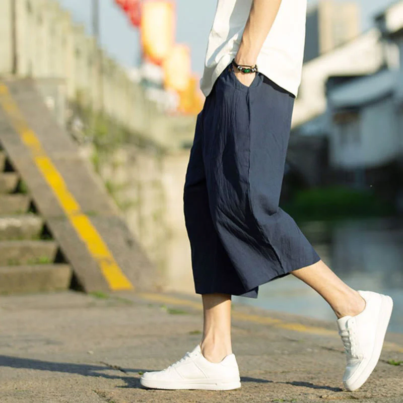 Pantaloni da uomo in lino e cotone con tasche, lunghezza 7-8, modello Buddha Stones, modello estivo con pieghe semplici e coulisse - Image 15