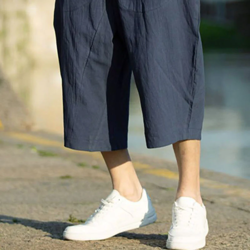Pantaloni da uomo in lino e cotone con tasche, lunghezza 7-8, modello Buddha Stones, modello estivo con pieghe semplici e coulisse - Image 18