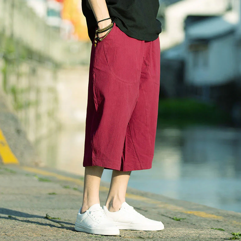 Pantaloni da uomo in lino e cotone con tasche, lunghezza 7-8, modello Buddha Stones, modello estivo con pieghe semplici e coulisse - Image 19