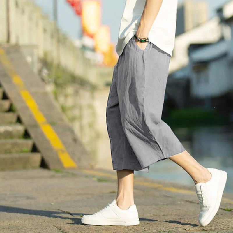 Pantaloni da uomo in lino e cotone con tasche, lunghezza 7-8, modello Buddha Stones, modello estivo con pieghe semplici e coulisse - Image 2