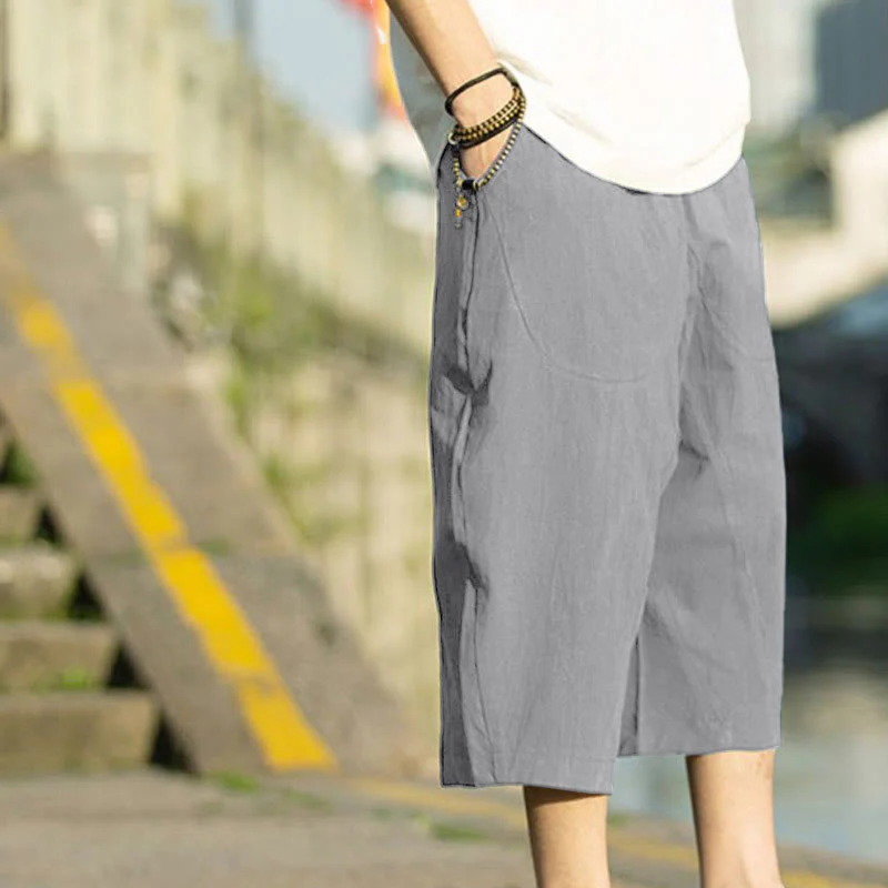 Pantaloni da uomo in lino e cotone con tasche, lunghezza 7-8, modello Buddha Stones, modello estivo con pieghe semplici e coulisse - Image 3