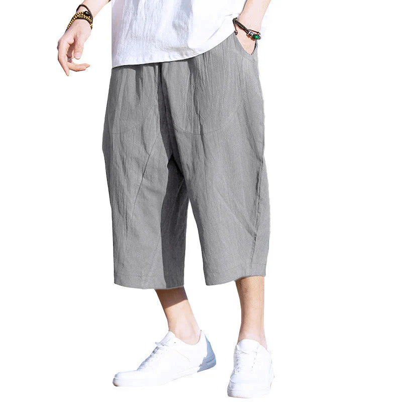 Pantaloni da uomo in lino e cotone con tasche, lunghezza 7-8, modello Buddha Stones, modello estivo con pieghe semplici e coulisse - Image 4