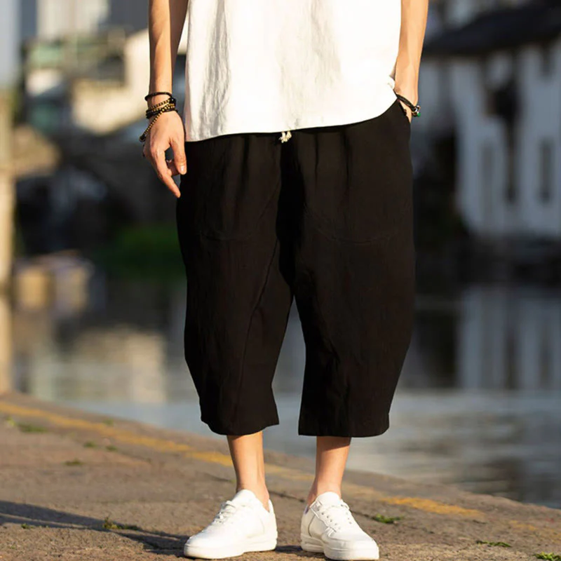 Pantaloni da uomo in lino e cotone con tasche, lunghezza 7-8, modello Buddha Stones, modello estivo con pieghe semplici e coulisse - Image 6