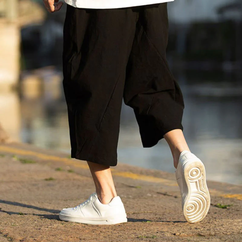 Pantaloni da uomo in lino e cotone con tasche, lunghezza 7-8, modello Buddha Stones, modello estivo con pieghe semplici e coulisse - Image 7