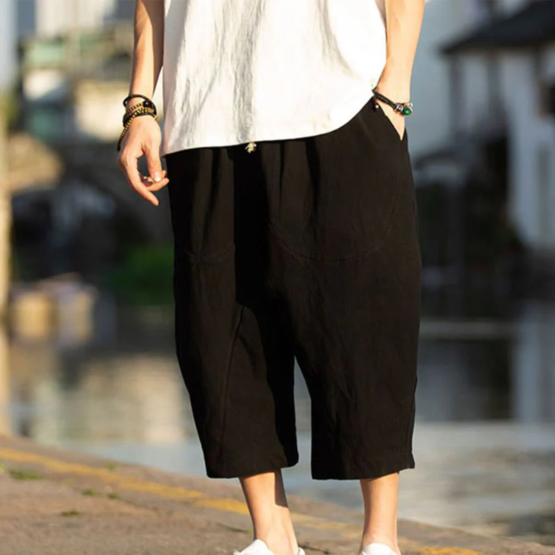 Pantaloni da uomo in lino e cotone con tasche, lunghezza 7-8, modello Buddha Stones, modello estivo con pieghe semplici e coulisse - Image 8