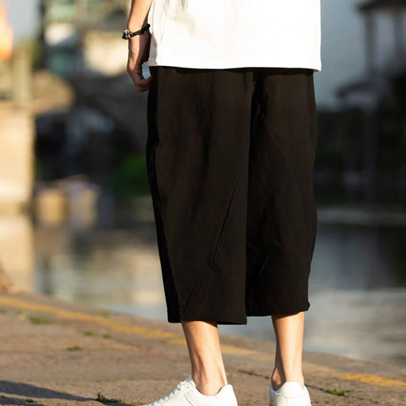 Pantaloni da uomo in lino e cotone con tasche, lunghezza 7-8, modello Buddha Stones, modello estivo con pieghe semplici e coulisse - Image 9