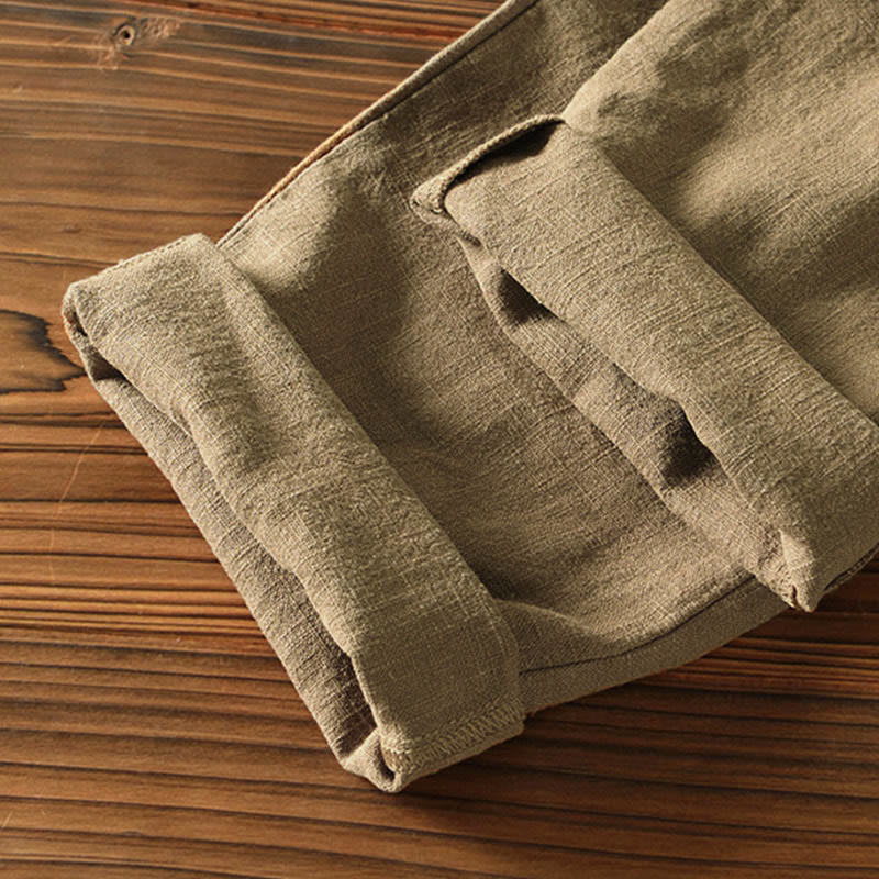 Pantaloni da uomo in lino ramiè con coulisse, casual, tinta unita, design semplice, con tasche, Buddha Stones - Image 33