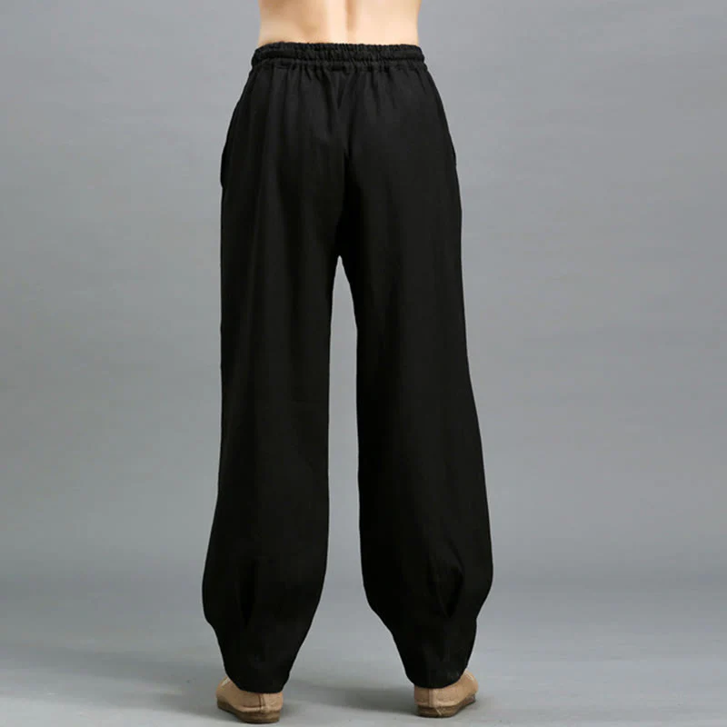 Pantaloni da uomo in lino ramiè con coulisse elastica tinta unita Buddha Stones Casual con tasche - Image 16
