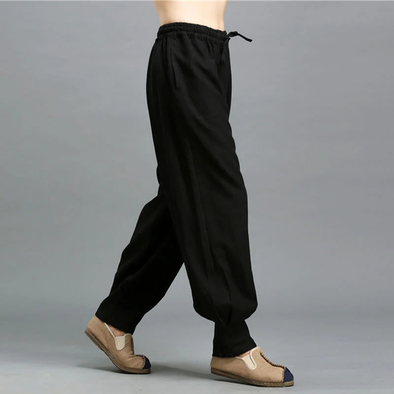Pantaloni da uomo in lino ramiè con coulisse elastica tinta unita Buddha Stones Casual con tasche - Image 19