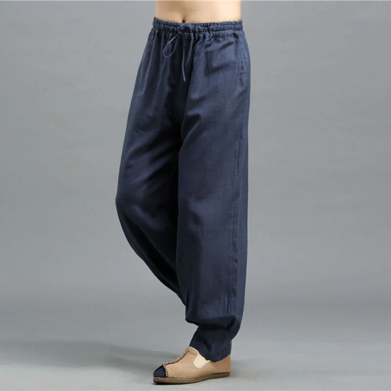 Pantaloni da uomo in lino ramiè con coulisse elastica tinta unita Buddha Stones Casual con tasche - Image 9