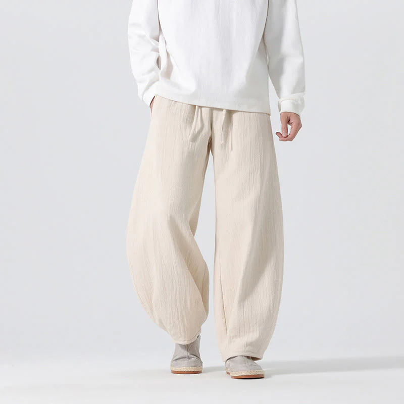 Pantaloni da uomo a gamba larga in stile zen cinese con coulisse e tasche, stile Buddha Stones Daily